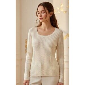 Luisa Spagnoli Italian Wool Cable Knit Sweater Quiet Luxury L Winter White